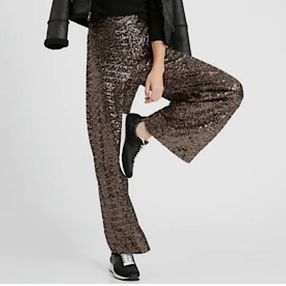 Banana Republic Wide Leg Sequin Pants New Pull On Elastic Cocktail Party Gold - Picture 1 of 9